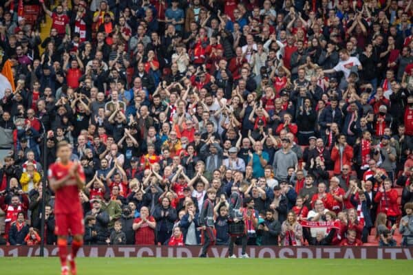 LIVERPOOL, ENGLAND - Saturday, August 21, 2021: Liverpool supporters applaud the team after the FA Premier League match between Liverpool FC and Burnley FC at Anfield. Liverpool won 2-0. (Pic by David Rawcliffe/Propaganda)