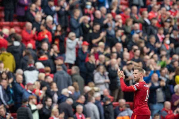 LIVERPOOL, ENGLAND - Saturday, August 21, 2021: Liverpool's captain Jordan Henderson applauds the supporters after the FA Premier League match between Liverpool FC and Burnley FC at Anfield. Liverpool won 2-0. (Pic by David Rawcliffe/Propaganda)