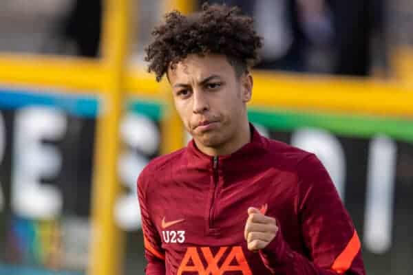 SOUTHPORT, ENGLAND - Monday, August 23, 2021: Liverpool's Kaide Gordon during the pre-match warm-up before the Premier League 2 Division 1 match between Everton FC Under-23's and Liverpool FC Under-23's, the Mini-Merseyside Derby, at Haig Avenue. (Pic by David Rawcliffe/Propaganda)