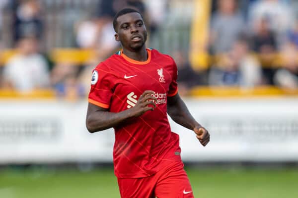 SOUTHPORT, ENGLAND - Monday, August 23, 2021: Liverpool's Sheyi Ojo during the Premier League 2 Division 1 match between Everton FC Under-23's and Liverpool FC Under-23's, the Mini-Merseyside Derby, at Haig Avenue. (Pic by David Rawcliffe/Propaganda)