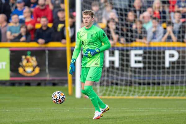 SOUTHPORT, ENGLAND - Monday, August 23, 2021: Liverpool's goalkeeper Liam Hughes during the Premier League 2 Division 1 match between Everton FC Under-23's and Liverpool FC Under-23's, the Mini-Merseyside Derby, at Haig Avenue. (Pic by David Rawcliffe/Propaganda)