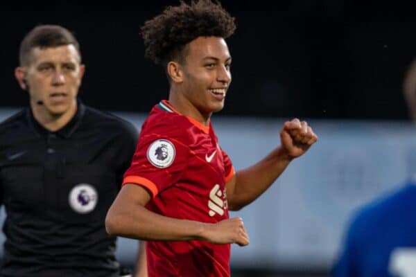 SOUTHPORT, ENGLAND - Monday, August 23, 2021: Liverpool's Kaide Gordon celebrates after scoring the second goal during the Premier League 2 Division 1 match between Everton FC Under-23's and Liverpool FC Under-23's, the Mini-Merseyside Derby, at Haig Avenue. (Pic by David Rawcliffe/Propaganda)