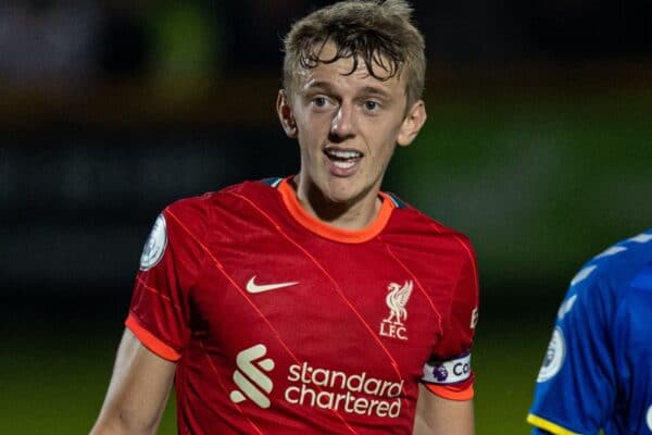 SOUTHPORT, ENGLAND - Monday, August 23, 2021: Liverpool's captain Tom Clayton (L) during the Premier League 2 Division 1 match between Everton FC Under-23's and Liverpool FC Under-23's, the Mini-Merseyside Derby, at Haig Avenue. (Pic by David Rawcliffe/Propaganda)
