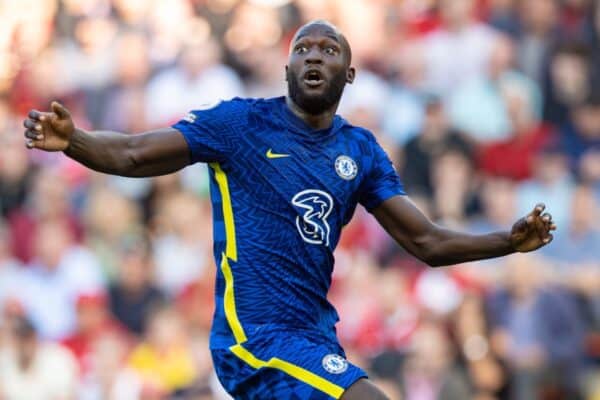 LIVERPOOL, ENGLAND - Saturday, August 28, 2021: Chelsea's Romelu Lukaku during the FA Premier League match between Liverpool FC and Chelsea FC at Anfield. (Pic by David Rawcliffe/Propaganda)