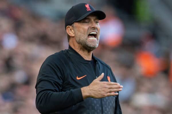 LIVERPOOL, ENGLAND - Saturday, August 28, 2021: Liverpool's manager Jürgen Klopp reacts during the FA Premier League match between Liverpool FC and Chelsea FC at Anfield. (Pic by David Rawcliffe/Propaganda)