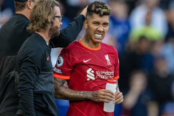 LIVERPOOL, ENGLAND - Saturday, August 28, 2021: Liverpool's Roberto Firmino reacts as he is substituted with an injury during the FA Premier League match between Liverpool FC and Chelsea FC at Anfield. (Pic by David Rawcliffe/Propaganda)