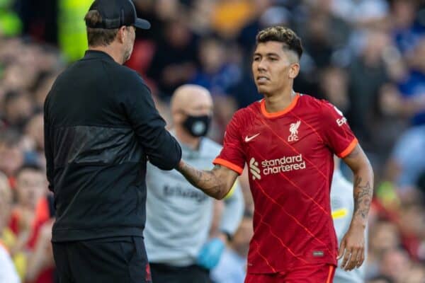 LIVERPOOL, ENGLAND - Saturday, August 28, 2021: Liverpool's Roberto Firmino is substituted during the FA Premier League match between Liverpool FC and Chelsea FC at Anfield. (Pic by David Rawcliffe/Propaganda)