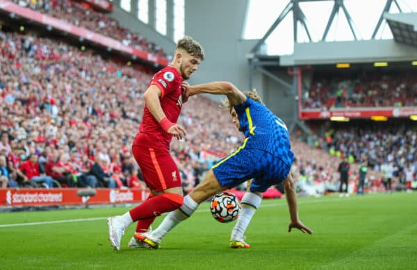 LIVERPOOL, ENGLAND - Saturday, August 28, 2021: Liverpool's Harvey Elliott (L) and Chelsea's Marcos Alonso during the FA Premier League match between Liverpool FC and Chelsea FC at Anfield. (Pic by David Rawcliffe/Propaganda)