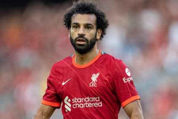 LIVERPOOL, ENGLAND - Saturday, August 28, 2021: Liverpool's Mohamed Salah during the FA Premier League match between Liverpool FC and Chelsea FC at Anfield. (Pic by David Rawcliffe/Propaganda)