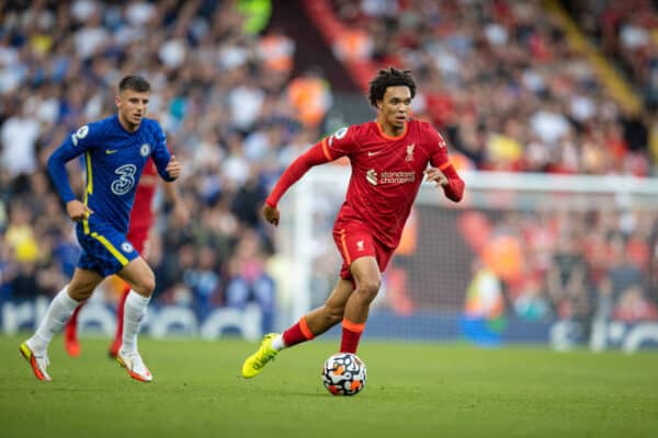 LIVERPOOL, ENGLAND - Saturday, August 28, 2021: Liverpool's Trent Alexander-Arnold during the FA Premier League match between Liverpool FC and Chelsea FC at Anfield. (Pic by David Rawcliffe/Propaganda)