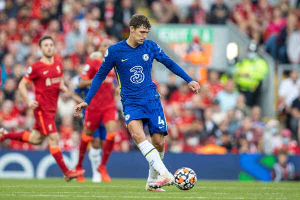 LIVERPOOL, ENGLAND - Saturday, August 28, 2021: Chelsea's Andreas Christensen during the FA Premier League match between Liverpool FC and Chelsea FC at Anfield. (Pic by David Rawcliffe/Propaganda)