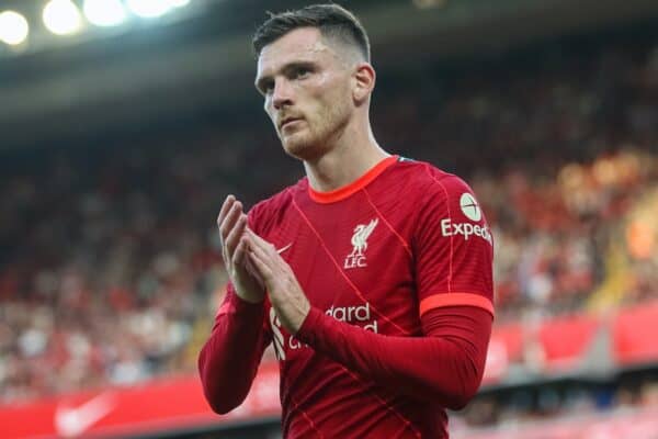 LIVERPOOL, ENGLAND - Saturday, August 28, 2021: Liverpool's Andy Robertson applauds the supporters as he walks off after being substituted during the FA Premier League match between Liverpool FC and Chelsea FC at Anfield. (Pic by David Rawcliffe/Propaganda)