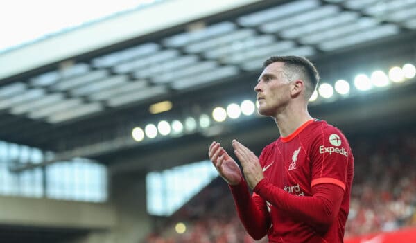 LIVERPOOL, ENGLAND - Saturday, August 28, 2021: Liverpool's Andy Robertson applauds the supporters as he walks off after being substituted during the FA Premier League match between Liverpool FC and Chelsea FC at Anfield. (Pic by David Rawcliffe/Propaganda)