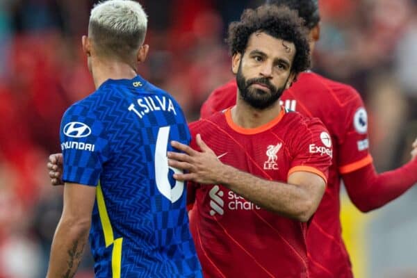 LIVERPOOL, ENGLAND - Saturday, August 28, 2021: Liverpool's Mohamed Salah (R) and Chelsea's Thiago Silva after the FA Premier League match between Liverpool FC and Chelsea FC at Anfield. (Pic by David Rawcliffe/Propaganda)