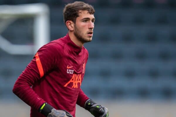 ROCHDALE, ENGLAND - Tuesday, August 31, 2021: Liverpool's goalkeeper Harvey Davies during the pre-match warm-up before the English Football League Trophy match between Rochdale AFC and Liverpool FC Under-21's at Spotland Stadium. Rochdale won 4-0. (Pic by David Rawcliffe/Propaganda)