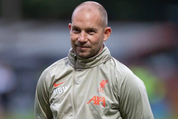 ROCHDALE, ENGLAND - Tuesday, August 31, 2021: Liverpool's Under-18 coach Marc Bridge-Wilkinson during the pre-match warm-up before the English Football League Trophy match between Rochdale AFC and Liverpool FC Under-21's at Spotland Stadium. Rochdale won 4-0. (Pic by David Rawcliffe/Propaganda)