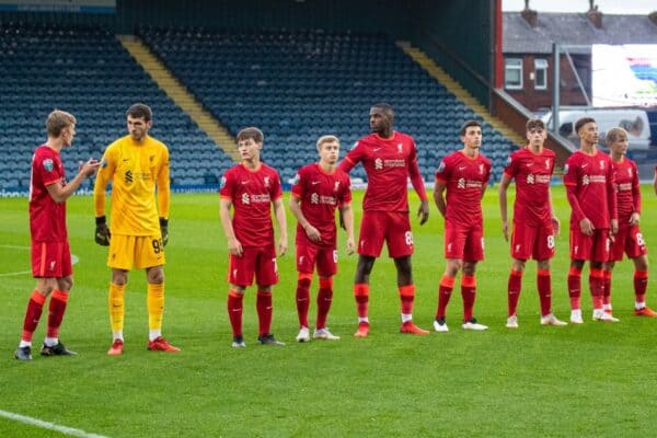 ROCHDALE, ENGLAND - Tuesday, August 31, 2021: Liverpool players line-up before the English Football League Trophy match between Rochdale AFC and Liverpool FC Under-21's at Spotland Stadium. Tom Clayton, goalkeeper Harvey Davies, Sean Wilson, Jack Bearne, Billy Koumetio, Matteo Ritaccio, Luke Chambers, Fidel O'Rourke, Max Woltman, Tyler Morton, Elijah Dixon-Bonner. (Pic by David Rawcliffe/Propaganda)