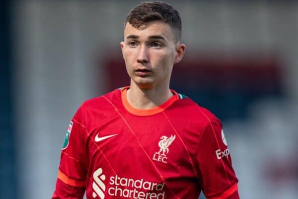 ROCHDALE, ENGLAND - Tuesday, August 31, 2021: Mateusz Musialowski of Liverpool during the English Football League Trophy match between Rochdale AFC and Liverpool FC Under-21 at Spotland Stadium.  Rochdale won 4-0.  (Photo by David Rawcliffe/Propaganda)