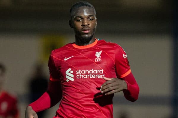 ROCHDALE, ENGLAND - Tuesday, August 31, 2021: Liverpool's Billy Koumetio during the English Football League Trophy match between Rochdale AFC and Liverpool FC Under-21's at Spotland Stadium. Rochdale won 4-0. (Pic by David Rawcliffe/Propaganda)