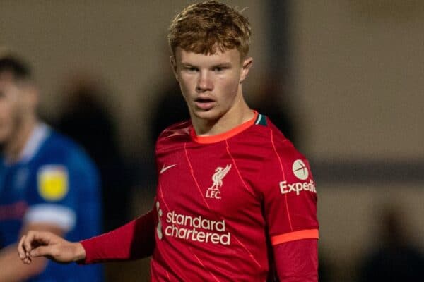 ROCHDALE, ENGLAND - Tuesday, August 31, 2021: Liverpool's Luca Stephenson during the English Football League Trophy match between Rochdale AFC and Liverpool FC Under-21's at Spotland Stadium. Rochdale won 4-0. (Pic by David Rawcliffe/Propaganda)