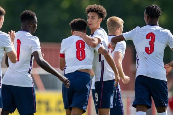 NEWPORT, WALES - Friday, September 3, 2021: England's captain Rico Lewis (#8) celebrates with team-mate Kaide Gordon (R) after scoring the equalising goal to level the score 1-1 during an International Friendly Challenge match between Wales Under-18's and England Under-18's at Spytty Park. (Pic by David Rawcliffe/Propaganda)