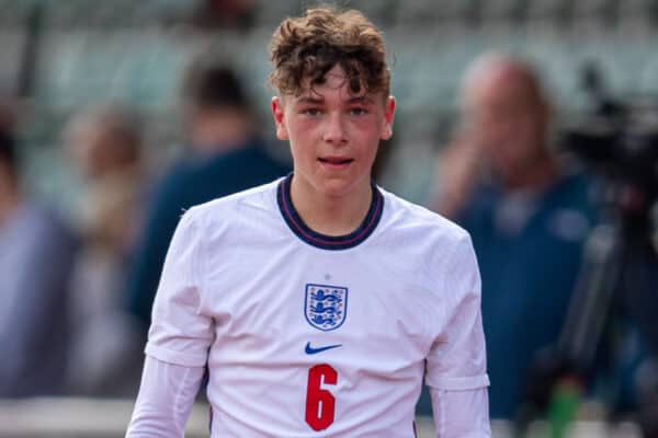 NEWPORT, WALES - Friday, September 3, 2021: Liverpool duo Iwan Roberts (L) of Wales and England's Luke Chambers after an International Friendly Challenge match between Wales Under-18's and England Under-18's at Spytty Park. The game ended in a 1-1 draw. (Pic by David Rawcliffe/Propaganda)