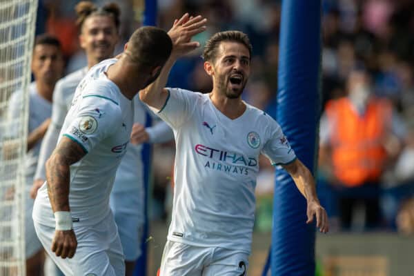 LEICESTER, ENGLAND - Saturday, September 11, 2021: Manchester City's Bernardo Silva celebrates after scoring the winning goal during the FA Premier League match between Leicester City FC and Manchester City FC at the King Power Stadium. Manchester City won 1-0. (Pic by David Rawcliffe/Propaganda)