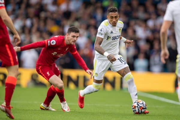 LEEDS, ENGLAND - Sunday, September 12, 2021: Leeds United's Raphael Dias Belloli 'Raphinha' (R) and Liverpool's Andy Robertson during the FA Premier League match between Leeds United FC and Liverpool FC at Elland Road. Liverpool won 3-0. (Pic by David Rawcliffe/Propaganda)