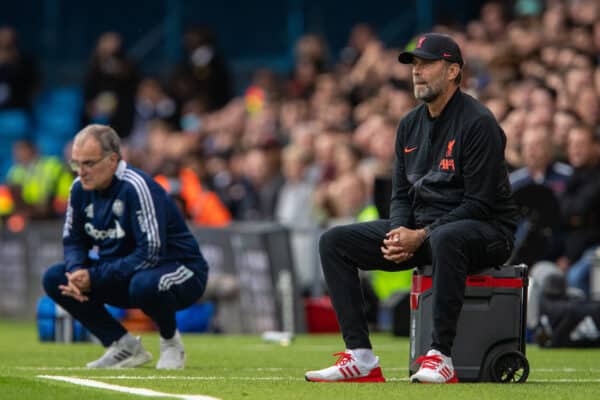 LEEDS, ENGLAND - Sunday, September 12, 2021: Liverpool's manager Jürgen Klopp (R) and Leeds United's manager Marcelo Bielsa during the FA Premier League match between Leeds United FC and Liverpool FC at Elland Road. Liverpool won 3-0. (Pic by David Rawcliffe/Propaganda)