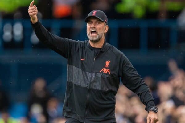 LEEDS, ENGLAND - Sunday, September 12, 2021: Liverpool's manager Jürgen Klopp reacts during the FA Premier League match between Leeds United FC and Liverpool FC at Elland Road. Liverpool won 3-0. (Pic by David Rawcliffe/Propaganda)