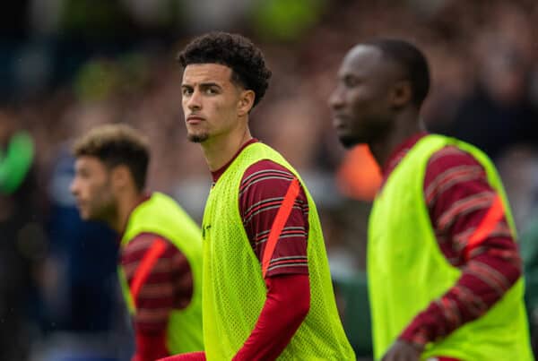 LEEDS, ENGLAND - Sunday, September 12, 2021: Liverpool's substitute Curtis Jones warms-up during the FA Premier League match between Leeds United FC and Liverpool FC at Elland Road. Liverpool won 3-0. (Pic by David Rawcliffe/Propaganda)