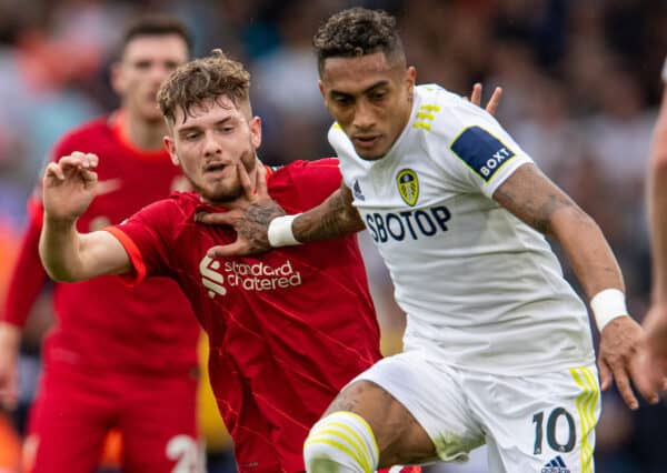 LEEDS, ENGLAND - Sunday, September 12, 2021: Liverpool's Harvey Elliott (L) and Leeds United's Raphael Dias Belloli 'Raphinha' during the FA Premier League match between Leeds United FC and Liverpool FC at Elland Road. Liverpool won 3-0. (Pic by David Rawcliffe/Propaganda)