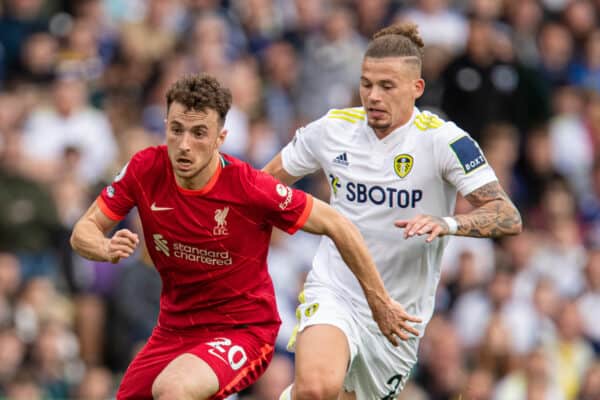 LEEDS, ENGLAND - Sunday, September 12, 2021: Liverpool's Diogo Jota (L) and Leeds United's Kalvin Phillips during the FA Premier League match between Leeds United FC and Liverpool FC at Elland Road. Liverpool won 3-0. (Pic by David Rawcliffe/Propaganda)