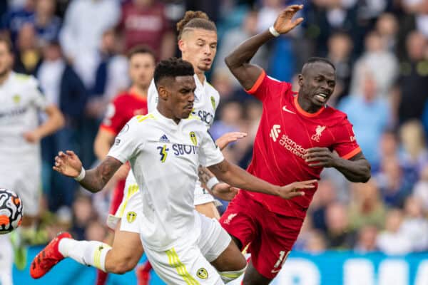 LEEDS, ENGLAND - Sunday, September 12, 2021: Liverpool's Sadio Mané (R) is fouled by Leeds United's Junior Firpo during the FA Premier League match between Leeds United FC and Liverpool FC at Elland Road. Liverpool won 3-0. (Pic by David Rawcliffe/Propaganda)