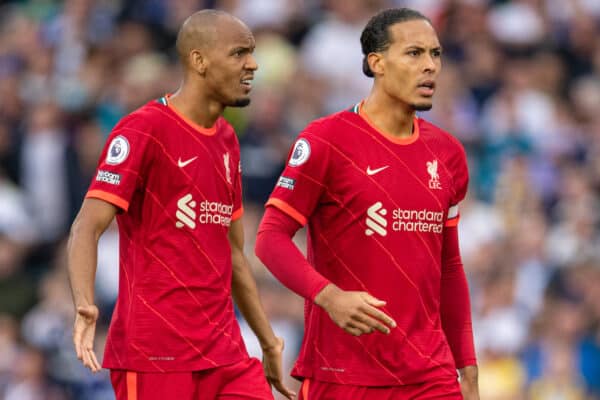 LEEDS, ENGLAND - Sunday, September 12, 2021: Liverpool's captain Virgil van Dijk (R) and Fabio Henrique Tavares 'Fabinho' during the FA Premier League match between Leeds United FC and Liverpool FC at Elland Road. Liverpool won 3-0. (Pic by David Rawcliffe/Propaganda)