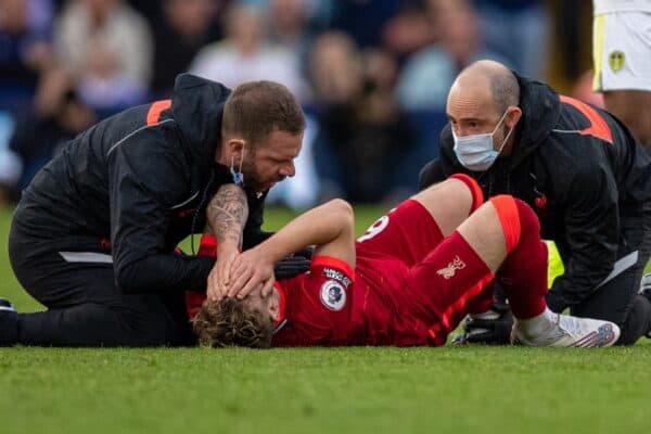 LEEDS, ENGLAND - Sunday, September 12, 2021: Liverpool's Harvey Elliott receives treatment for an ankle injury before being carried off during the FA Premier League match between Leeds United FC and Liverpool FC at Elland Road. Liverpool won 3-0. (Pic by David Rawcliffe/Propaganda)