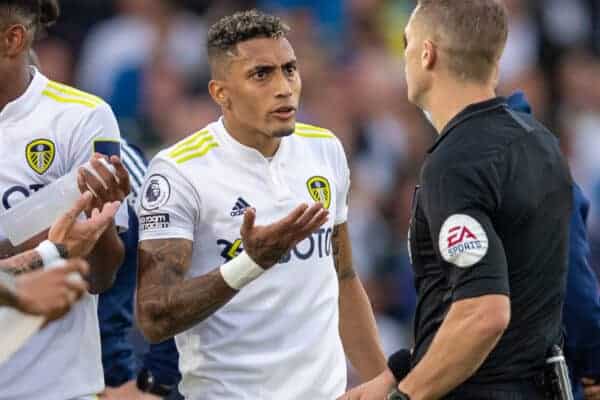 LEEDS, ENGLAND - Sunday, September 12, 2021: Leeds United's Raphael Dias Belloli 'Raphinha' remonstrates with referee Craig Pawson after a red card is shown to Pascal Struijk during the FA Premier League match between Leeds United FC and Liverpool FC at Elland Road. Liverpool won 3-0. (Pic by David Rawcliffe/Propaganda)