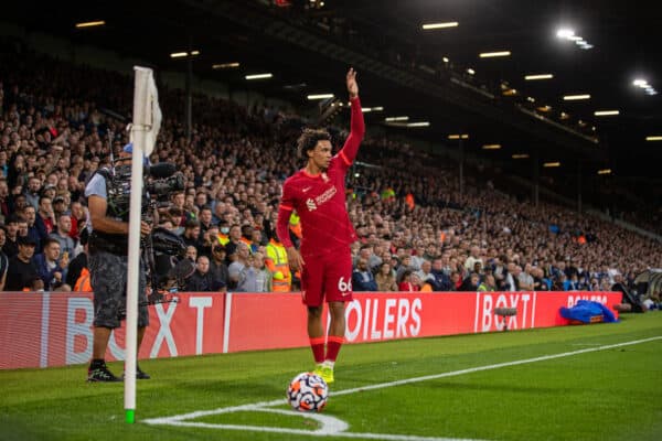 LEEDS, ENGLAND - Sunday, September 12, 2021: Liverpool's Trent Alexander-Arnold takes a corner-kick during the FA Premier League match between Leeds United FC and Liverpool FC at Elland Road. Liverpool won 3-0. (Pic by David Rawcliffe/Propaganda)