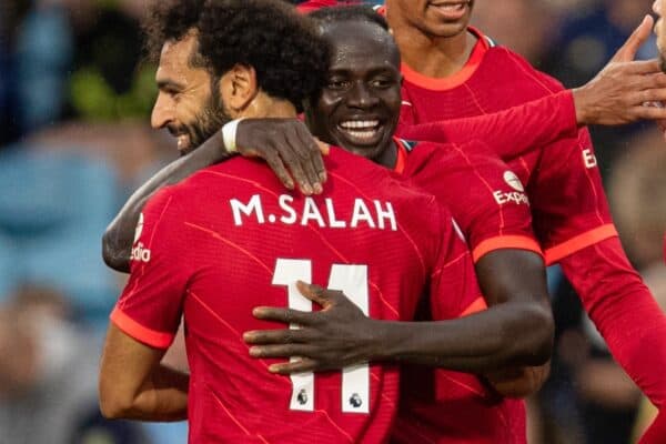 LEEDS, ENGLAND - Sunday, September 12, 2021: Liverpool's Stdio Mané celebrates after scoring the third goal with team-mate Mohamed Salah during the FA Premier League match between Leeds United FC and Liverpool FC at Elland Road. Liverpool won 3-0. (Pic by David Rawcliffe/Propaganda)