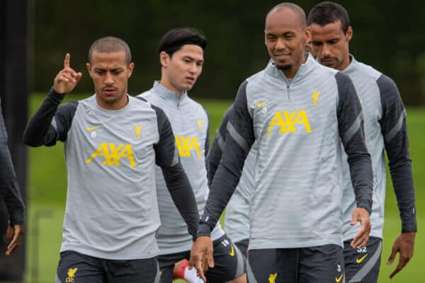 LIVERPOOL, ENGLAND - Tuesday, September 14, 2021: Liverpool's Thiago Alcantara (L) and Fabio Henrique Tavares 'Fabinho' during a training session at the AXA Training Centre ahead of the UEFA Champions League Group B Matchday 1 game between Liverpool FC and AC Milan. (Pic by David Rawcliffe/Propaganda)