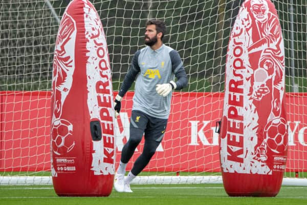 LIVERPOOL, ENGLAND - Tuesday, September 14, 2021: Liverpool's goalkeeper Alisson Becker during a training session at the AXA Training Centre ahead of the UEFA Champions League Group B Matchday 1 game between Liverpool FC and AC Milan. (Pic by David Rawcliffe/Propaganda)