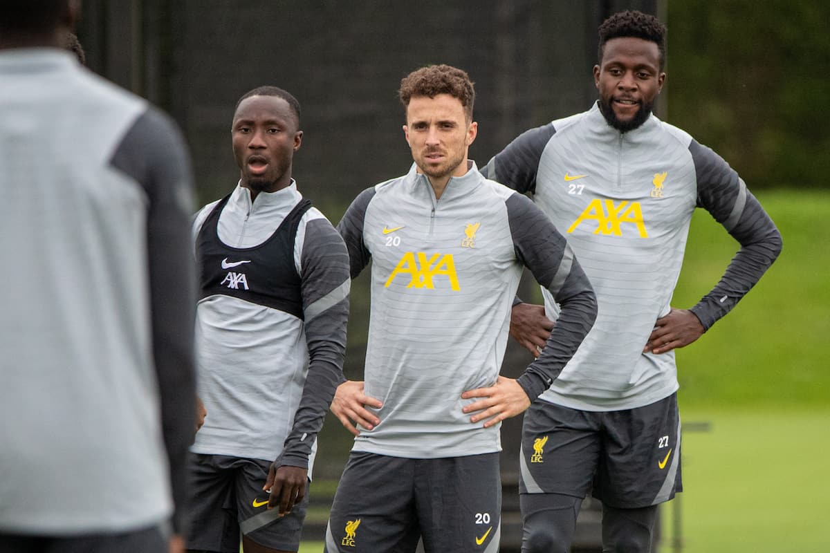 LIVERPOOL, ENGLAND - Tuesday, September 14, 2021: Liverpool's (L-R) Naby Keita, Diogo Jota and Divock Origi during a training session at the AXA Training Centre ahead of the UEFA Champions League Group B Matchday 1 game between Liverpool FC and AC Milan. (Pic by David Rawcliffe/Propaganda)