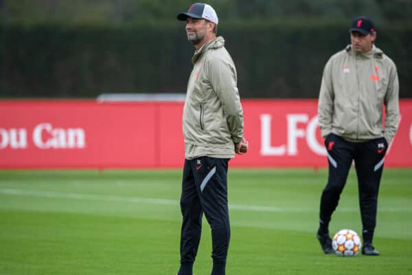 LIVERPOOL, ENGLAND - Tuesday, September 14, 2021: Liverpool's manager Jürgen Klopp during a training session at the AXA Training Centre ahead of the UEFA Champions League Group B Matchday 1 game between Liverpool FC and AC Milan. (Pic by David Rawcliffe/Propaganda)