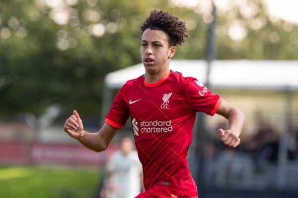 LIVERPOOL, ENGLAND - Wednesday, September 15, 2021: Liverpool's Kaide Gordon during the UEFA Youth League Group B Matchday 1 game between Liverpool FC Under19's and AC Milan Under 19's at the Liverpool Academy. Liverpool won 1-0. (Pic by David Rawcliffe/Propaganda)