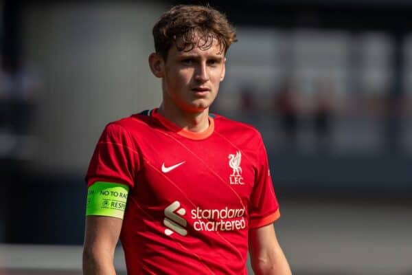 LIVERPOOL, ENGLAND - Wednesday, September 15, 2021: Liverpool's captain Tyler Morton during the UEFA Youth League Group B Matchday 1 game between Liverpool FC Under19's and AC Milan Under 19's at the Liverpool Academy. Liverpool won 1-0. (Pic by David Rawcliffe/Propaganda)