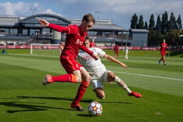 LIVERPOOL, ENGLAND - Wednesday, September 15, 2021: Liverpool's Conor Bradley (L) and AC Milan's Milos Kerkez during the UEFA Youth League Group B Matchday 1 game between Liverpool FC Under19's and AC Milan Under 19's at the Liverpool Academy. Liverpool won 1-0. (Pic by David Rawcliffe/Propaganda)
