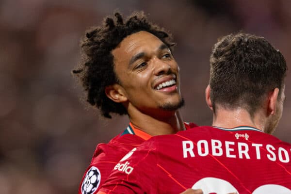 LIVERPOOL, ENGLAND - Wednesday, September 15, 2021: Liverpool's Trent Alexander-Arnold celebrates after scoring the first goal during the UEFA Champions League Group B Matchday 1 game between Liverpool FC and AC Milan at Anfield. Liverpool won 3-2. (Pic by Paul Currie/Propaganda)