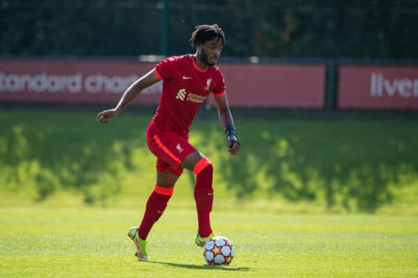 LIVERPOOL, ENGLAND - Wednesday, September 15, 2021: Liverpool's James Balagizi during the UEFA Youth League Group B Matchday 1 game between Liverpool FC Under19's and AC Milan Under 19's at the Liverpool Academy. Liverpool won 1-0. (Pic by David Rawcliffe/Propaganda)