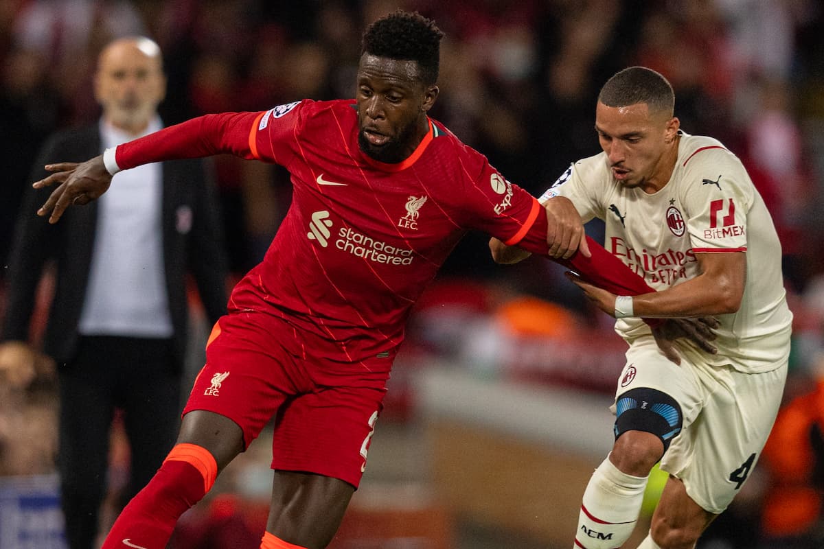 LIVERPOOL, ENGLAND - Wednesday, September 15, 2021: Liverpool's Divock Origi (L) and AC Milan's Ismae?l Bennacer during the UEFA Champions League Group B Matchday 1 game between Liverpool FC and AC Milan at Anfield. Liverpool won 3-2. (Pic by Paul Currie/Propaganda)