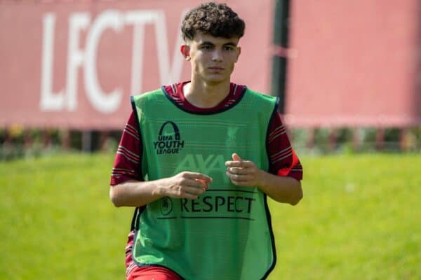 LIVERPOOL, ENGLAND - Wednesday, September 15, 2021: Liverpool's substitute Stefan Bajcetic Maquieira warms-up during the UEFA Youth League Group B Matchday 1 game between Liverpool FC Under19's and AC Milan Under 19's at the Liverpool Academy. Liverpool won 1-0. (Pic by David Rawcliffe/Propaganda)